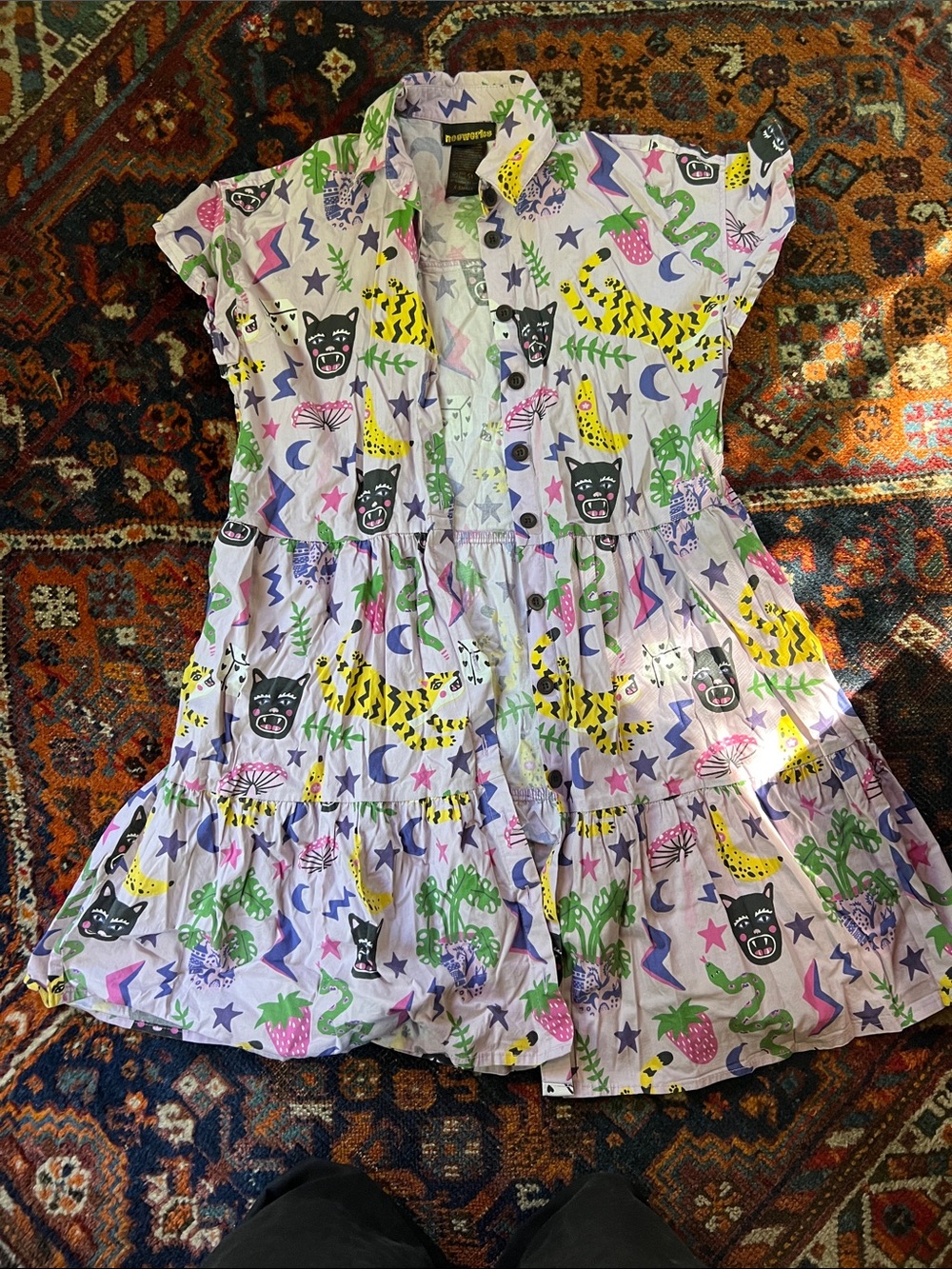 Nooworks Light Purple Button-Front Dress with Multicolor Animal & Fruit Print
